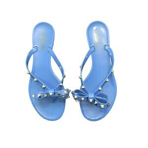 Valentino Garavani Blue PVC Jelly Rockstud Thong Bow Flat Sandals Shoes 38